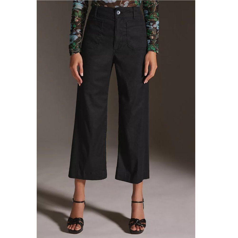 2 TALL 💛 Anthropologie Maeve The Colette Cropped Linen Wide-Leg Pants Black 2T